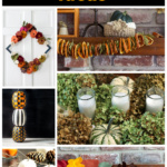 Collage of DIY fall decor projects including wreaths, garland, centerpieces and crafts.