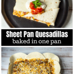 A serving of a chicken sheet pan quesdilla over the filling in the tortillas mid-prep.