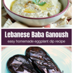 Bowl of baba ganoush over two grilled eggplants.