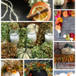 Fall home decor collage of DIY projects including dried orange garland, yarn pumpkins, felt wreath and scented pine cones.