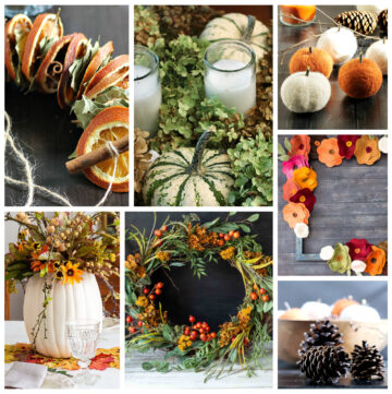 Collage of fall home decor including wreaths, centerpieces, pumpkin, and pine cones crafts.