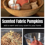 A bowl of mini fabric stuffed pumpkins over a bowl of spices next to an image of one of the pumpkins leaning on the spice bowl.