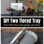 Fall Tiered tray on a foyer chest over a rolling pin and two metal baking pans.