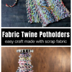 Fabric twine potholders over a spool of fabric twine.