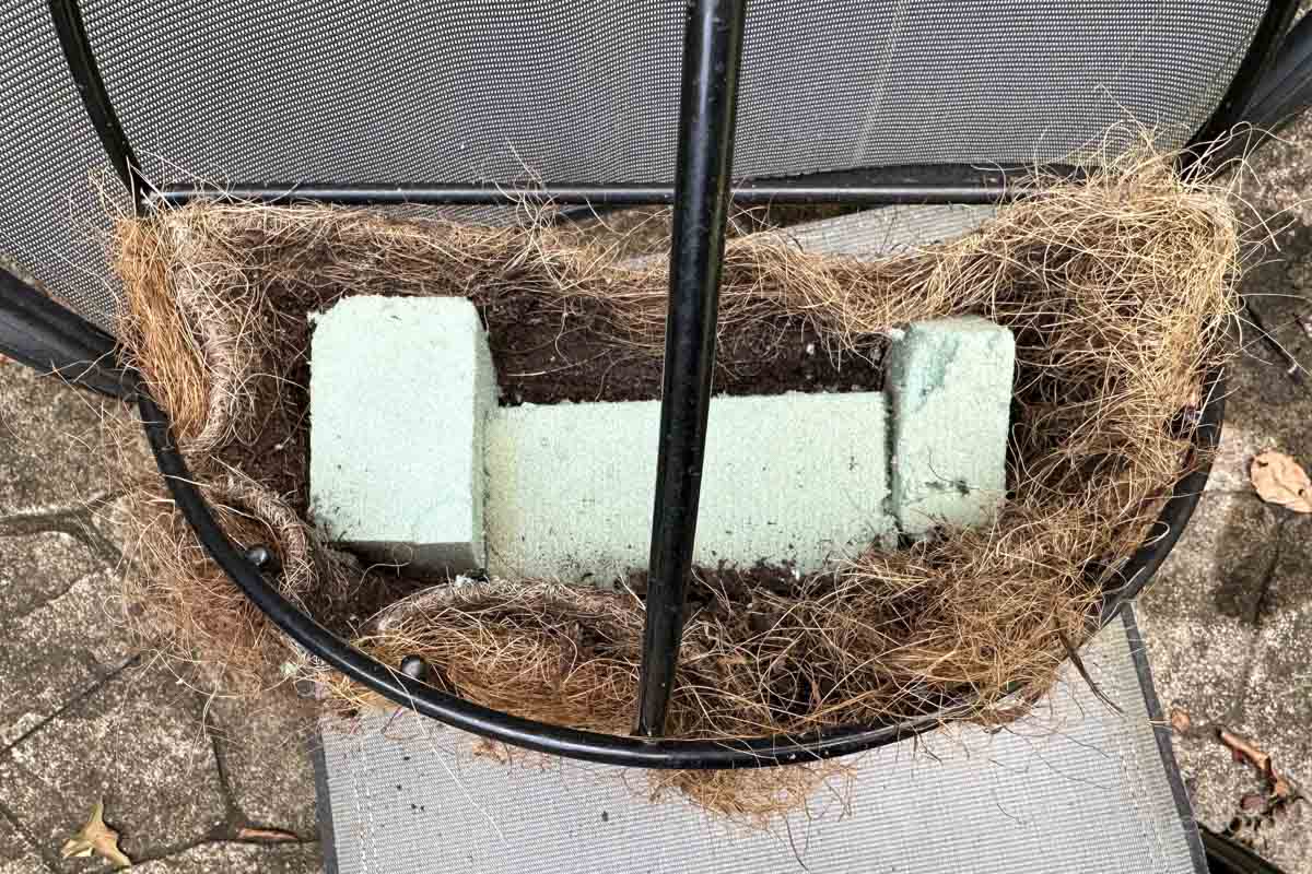 A flat backed planter filled with coir liner and floral foam.
