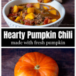 Spoon lifting a bite of pumpkin chili over a fantasy pumpkin.