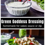 Bowl of green goddess dressing over a wedge of romaine with the same dressing.