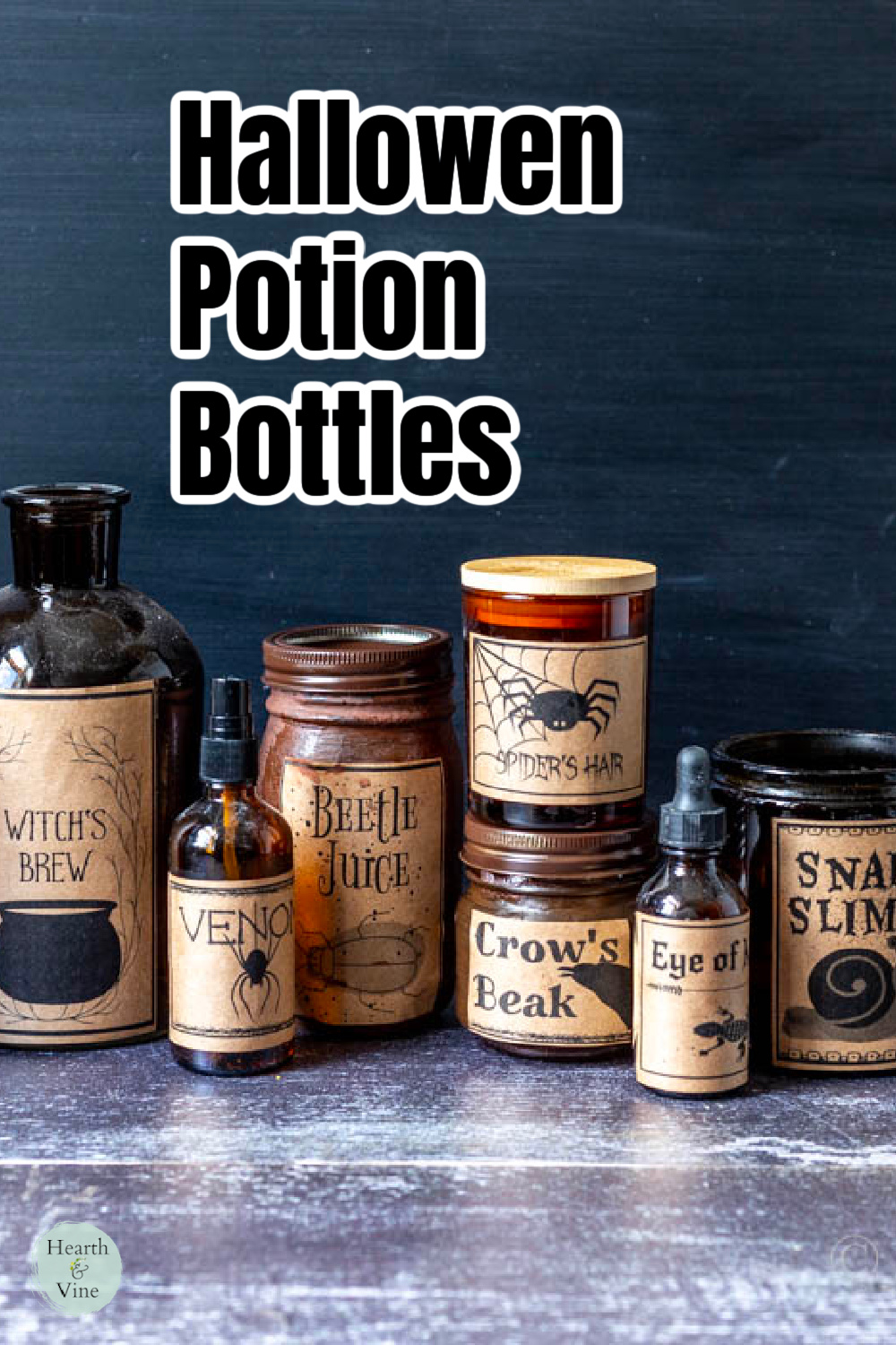 Different sized amber and brown bottles with spooky Halloween potion labels attached.