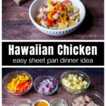 Hawaiian chicken bowl over ingredients including chicken, pineapple, peppers, onion, and spices