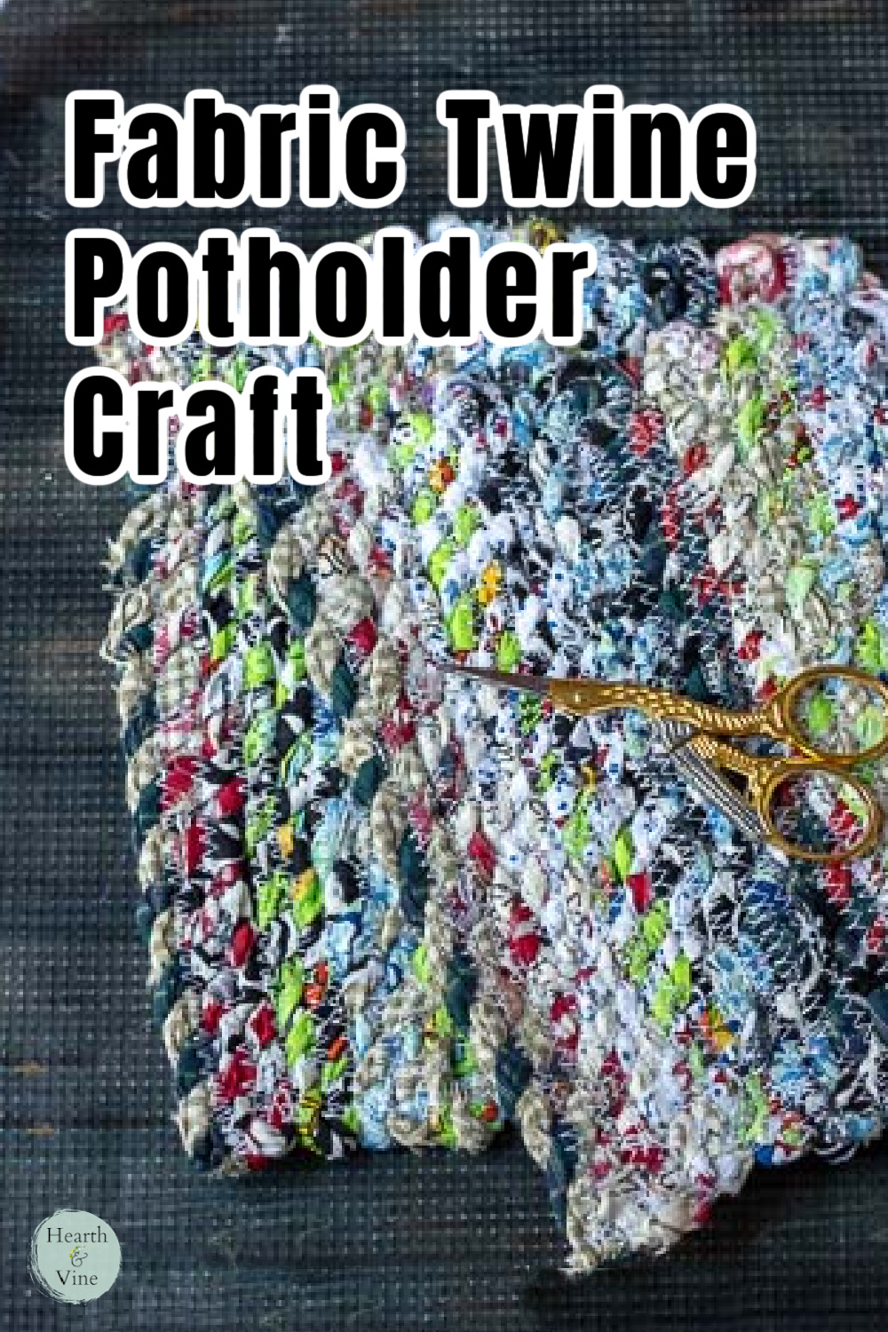 Two fabric twine potholders with a small pair of gold scissors on top.