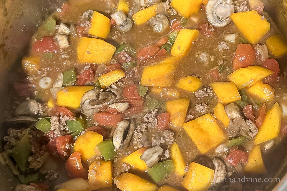 Pumpkin and mushrooms add to the beef, veggies and spices.