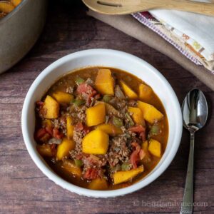 Bowl of pumpkin chili.