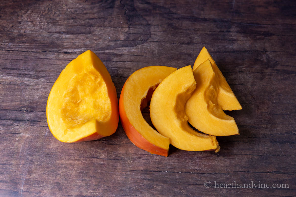 Slices of fantasy pumpkin with seeds removed.