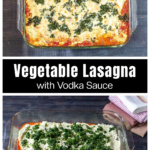 Baking pan of vegetarian lasagna over the pan being assembled.