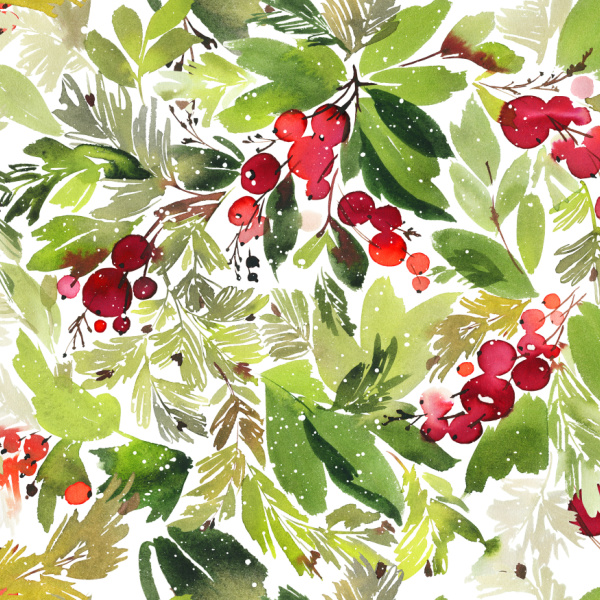 A green and red watercolor berries and leaves print.