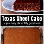 A slice of Texas sheet cake over the entire cake.
