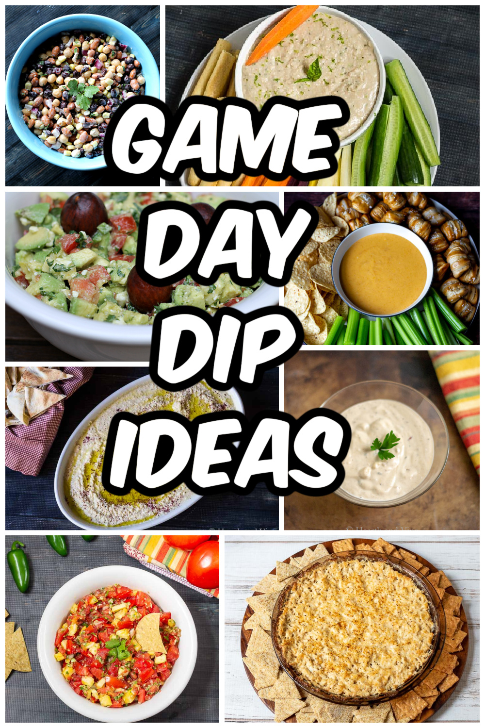 Collage of different game day dips including salsas, hummus, creamy dips and more.