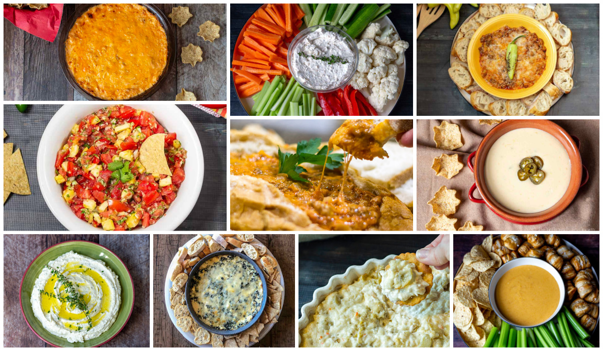 A collage of game day dips including, salsas, veggie dips, beer dip, artichoke, spinach and more.
