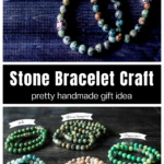 African turquoise beaded bracelet over five pairs of different stone bracelets.