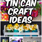 Collage of recycled tin cans into planters, wind chime, canisters and more.