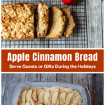 Slice loaf of apple bread on a wire rack over the batter in a pan.