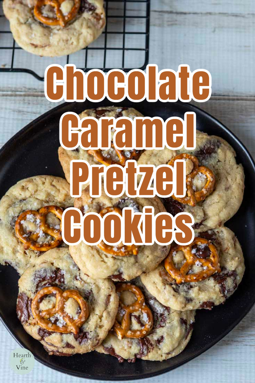 A plate full of chocolate chip, pretzel, caramel cookies.