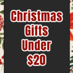 Christmas gifts under $20 sign with holiday pattern in background.