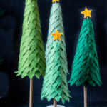 Mini Christmas trees made with green felt, gold stars and wood round bases.
