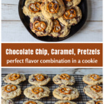 Plate of chocolate chip caramel pretzel cookies over the same on a cooling rack.