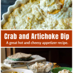 Crab and artichoke dip with a hand dipping a cracker in over the ingredients including, crabmeat, artichoke hearts, garlic, mayo and cheese.