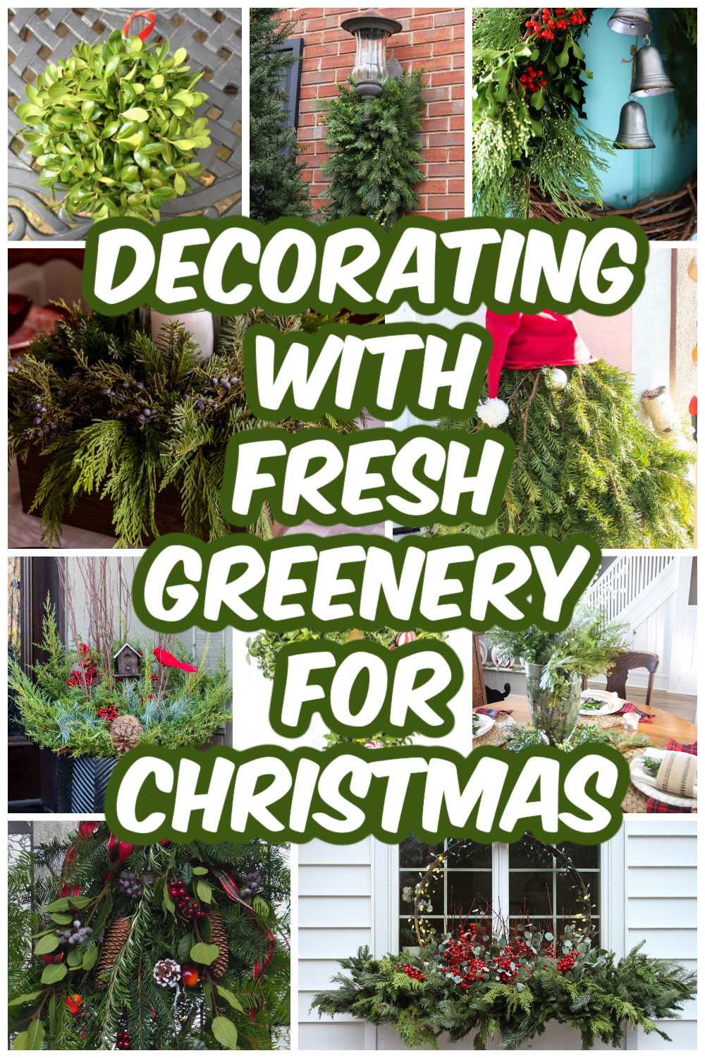 Collage of fresh greenery used as Christmas decorations indoors and out.
