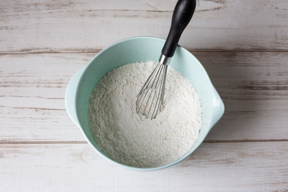 Dry ingredients whisked together with a wire whisk.