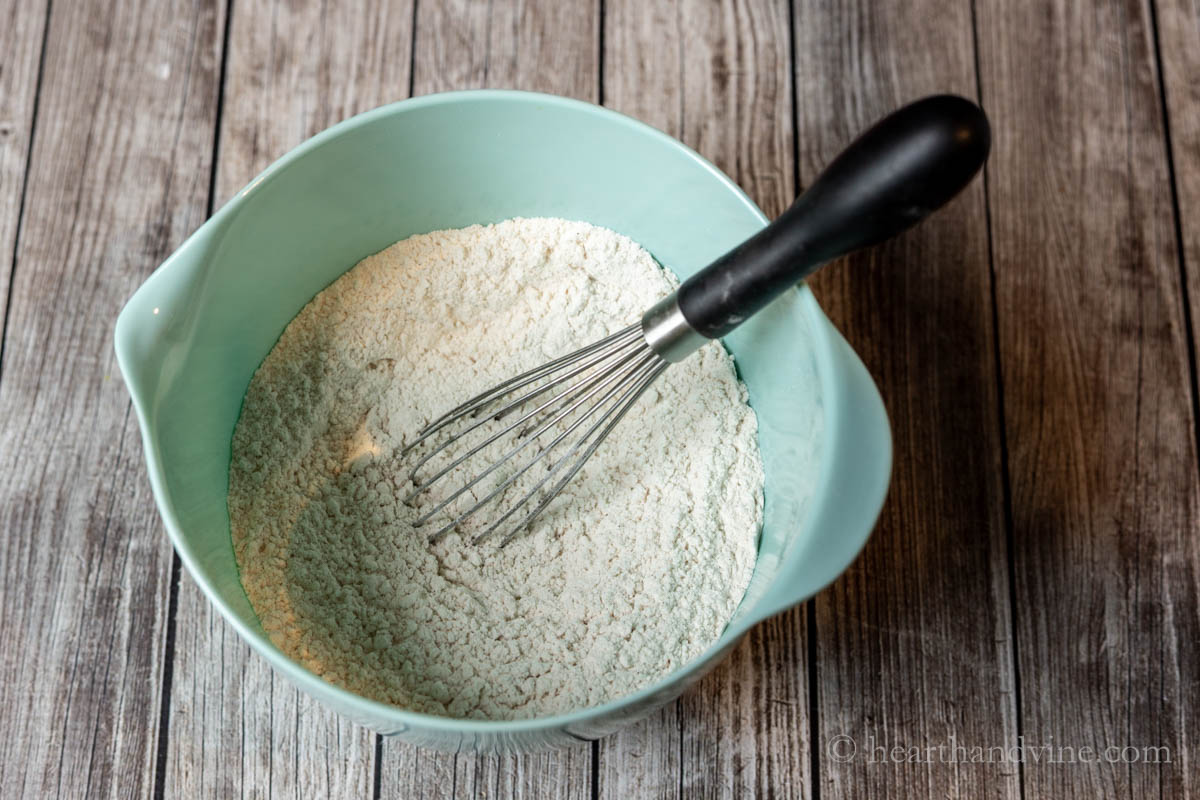 Dry ingredients in a medium mixing bowl with a wire whisk.