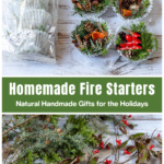 Natural fire starters over the materials to make them including pine branches, pinecones, berries and more.