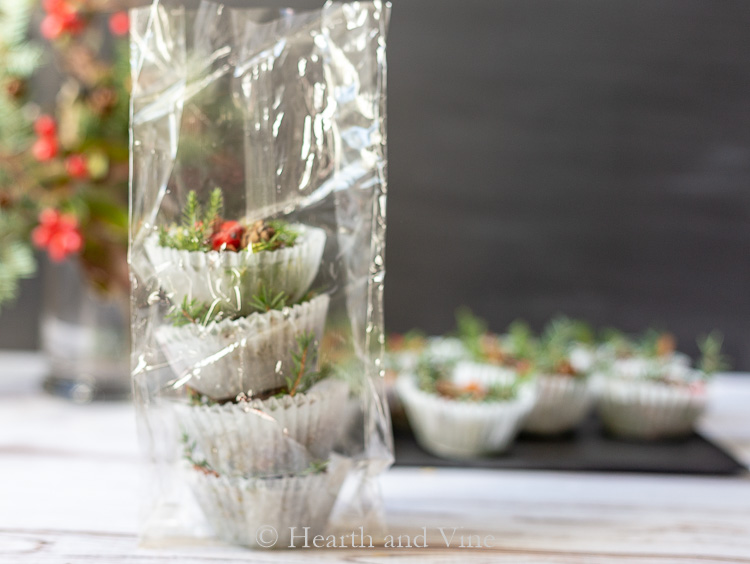 DIY natural fire starters in a cellophane bag.