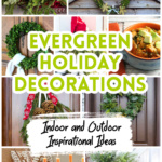 A collage of fresh evergreen Christmas decorations including wreaths, swags, centerpieces and more.
