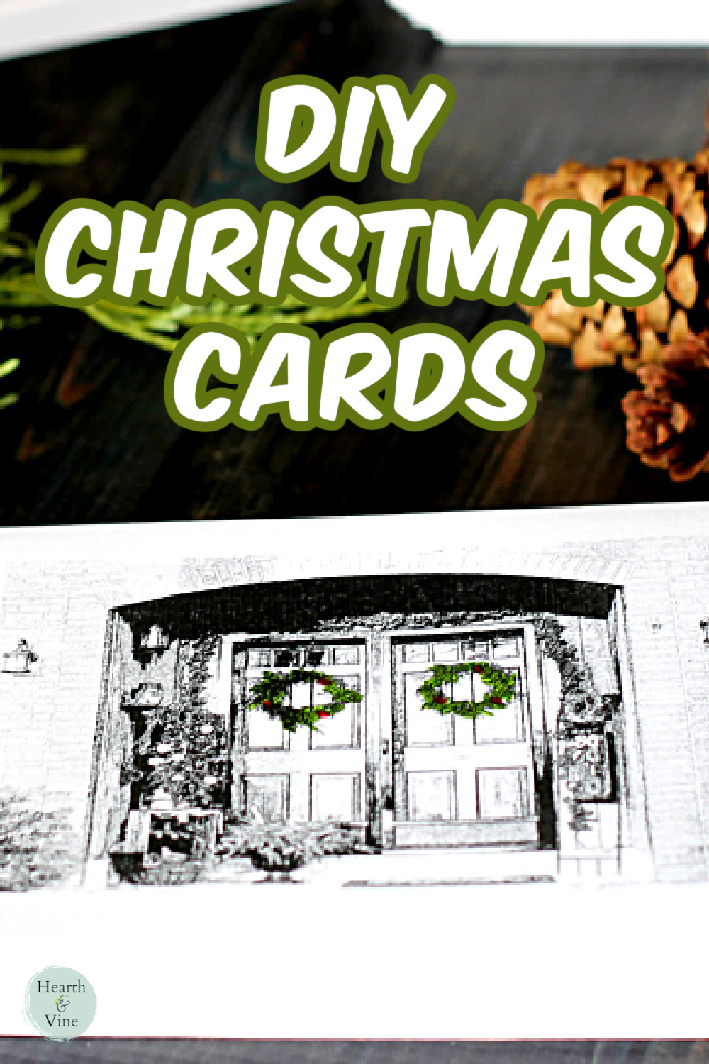 Christmas card sketch of decorated front door.