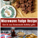 Pieces of fudge with a holiday tin over ingredients including, chips, sweetened condensed milk, butter, vanilla, and nuts.