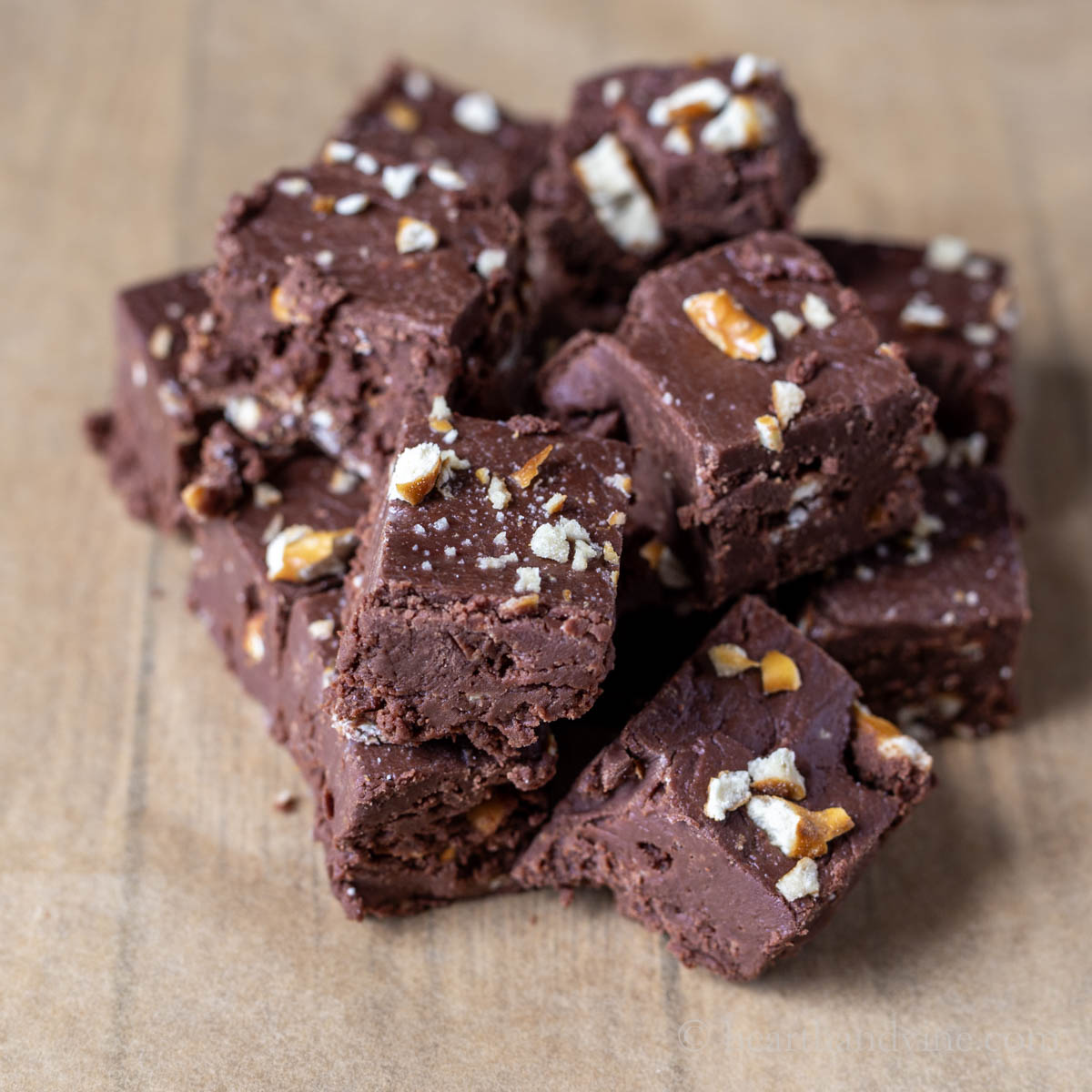 Close up stack of pretzel chocolate fudge.