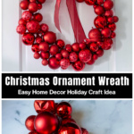 A red Christmas ornament wreath hanging on a white door over clusters of ornaments attached to a wire wreath form.