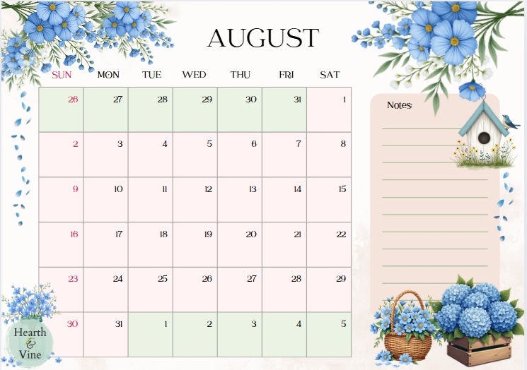 August 2026 botanical calendar.