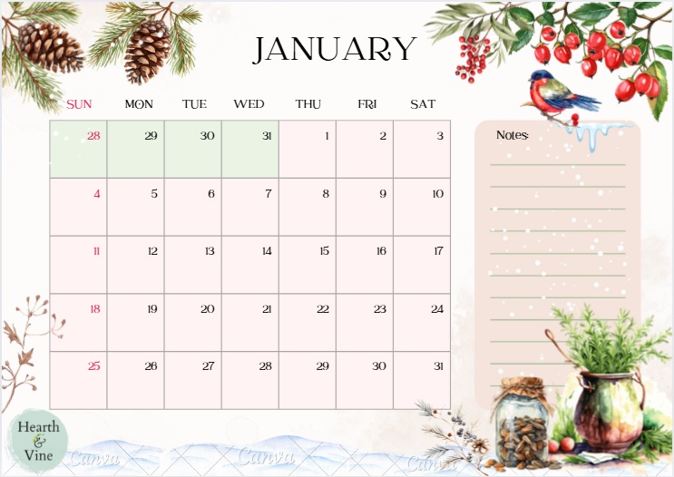 January 2026 botanical calendar.