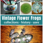 A collection of antique flower frog over one in the shape of a frog.