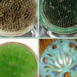 Pin cushion, glass and ornate shell flower frogs.