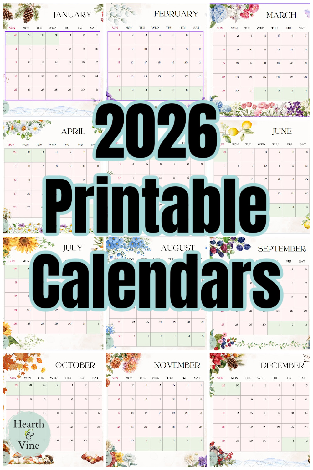 2026 calendars for each month of the year in a botanical theme.