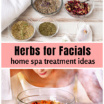 Bowls of dried herbs over a woman steaming her face over a bowl of steaming water with herbs.