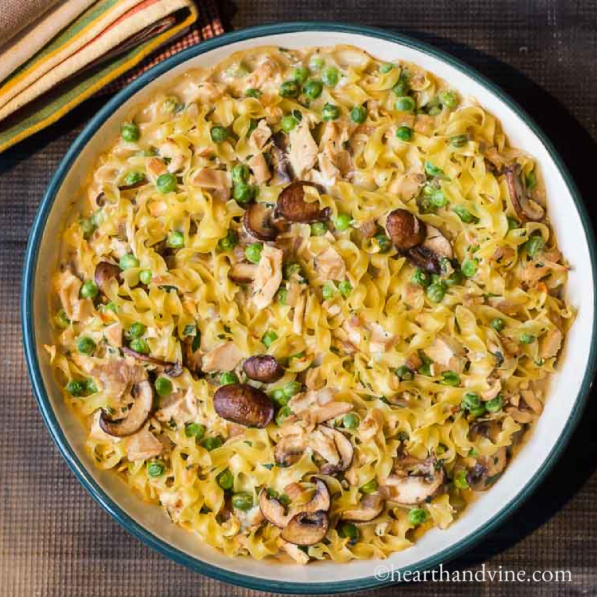 Round serving dish with leftover turkey casserole.