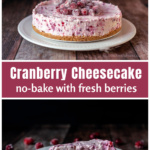 Side view of a full cranberry cheesecake over a slice of the same.