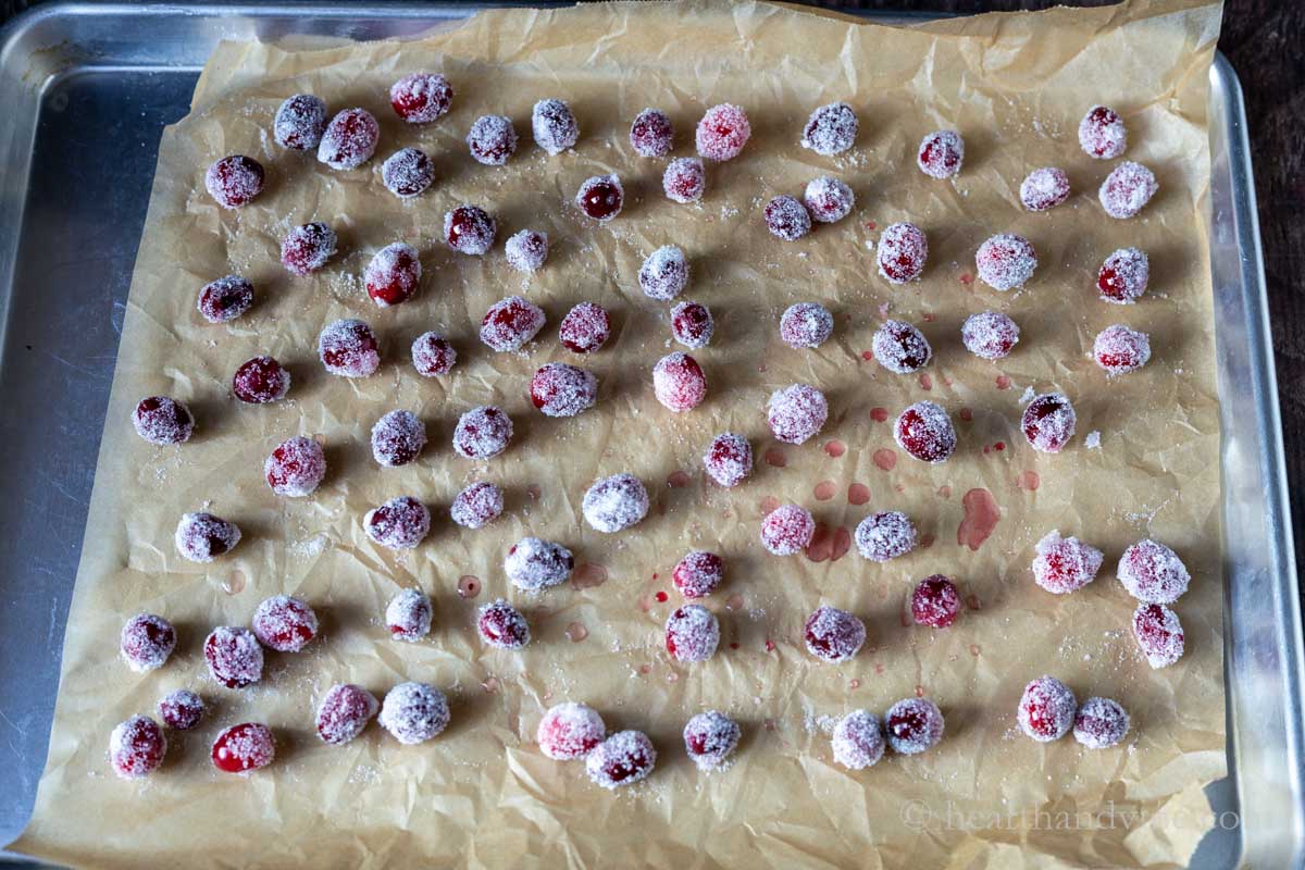 Sugared cranberries on a parchment lined baking sheet.