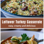 Round serving dish with leftover turkey casserole over a single bowl of the same.